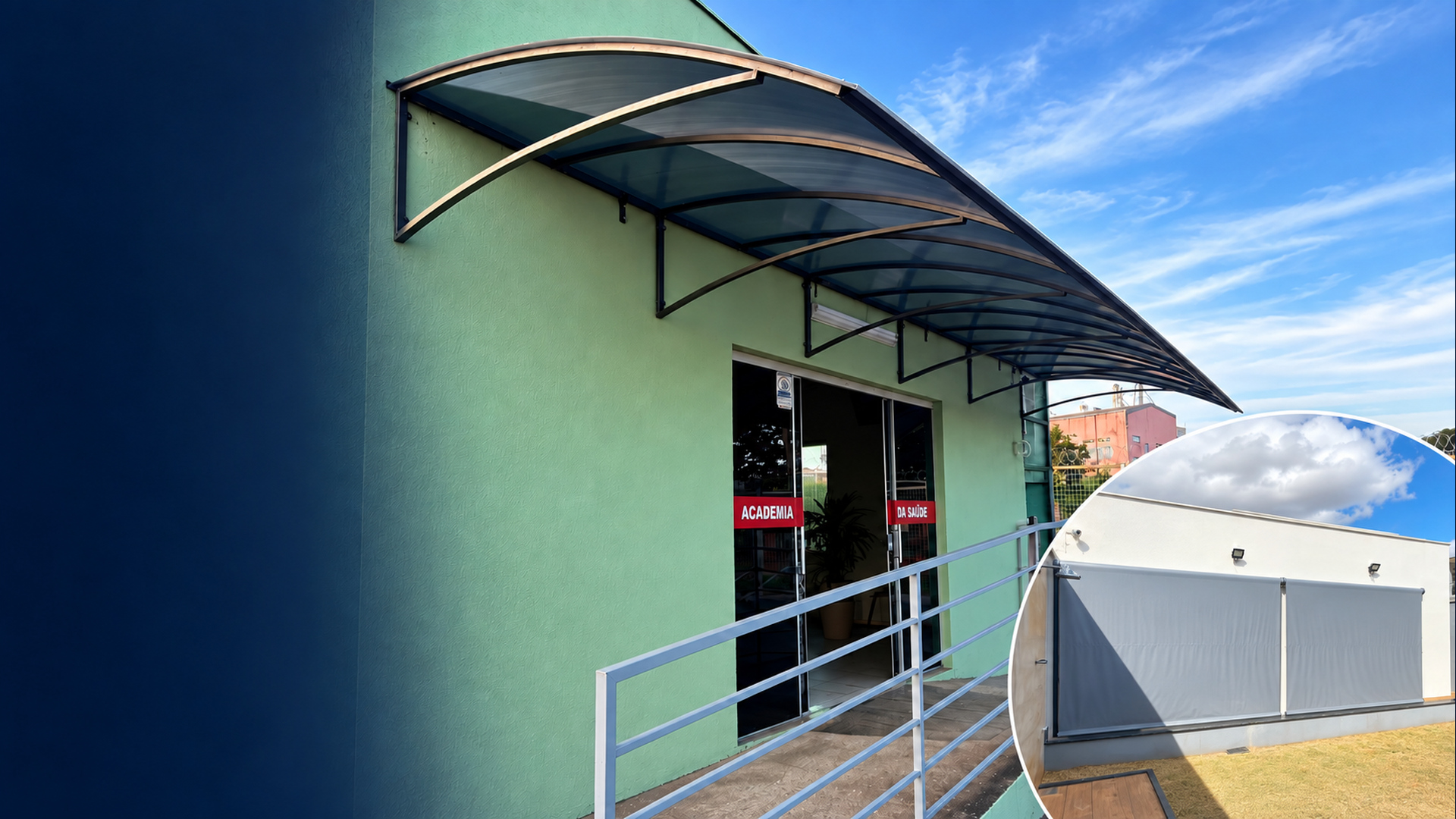 Cobertura da Academia da Saúde com detalhe circular de toldo retrátil