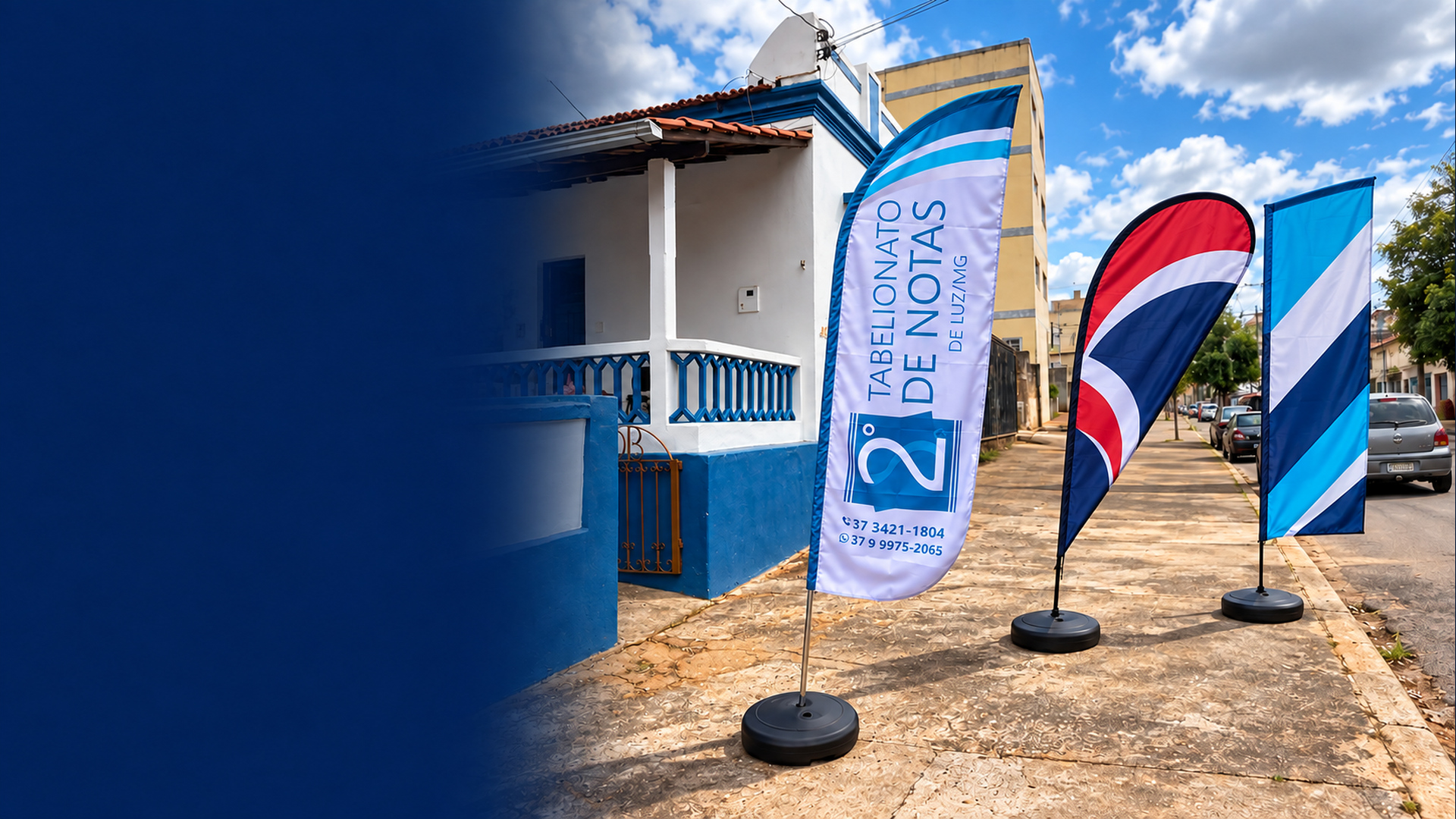 Wind Banner do 2º Tabelionato de Notas, acompanhado de exemplos demonstrativos nos formatos gota e reto
